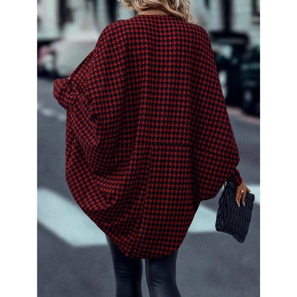 Houndstooth Batwing Sleeve Open Front Coat cardigan black white - Picture 3 of 5